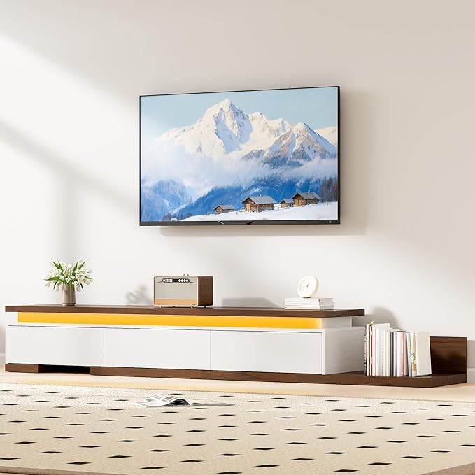 Extendable TV Stand with LED Lights, Modern TV Console with 3 Drawers, Wooden