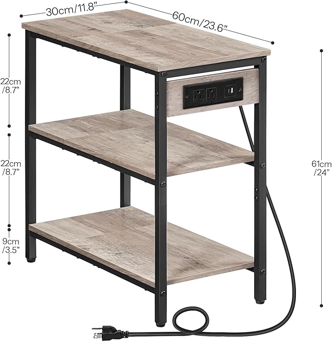 HOOBRO End Table with Charging Station, Simple Rustic Side Table with 3-Tier