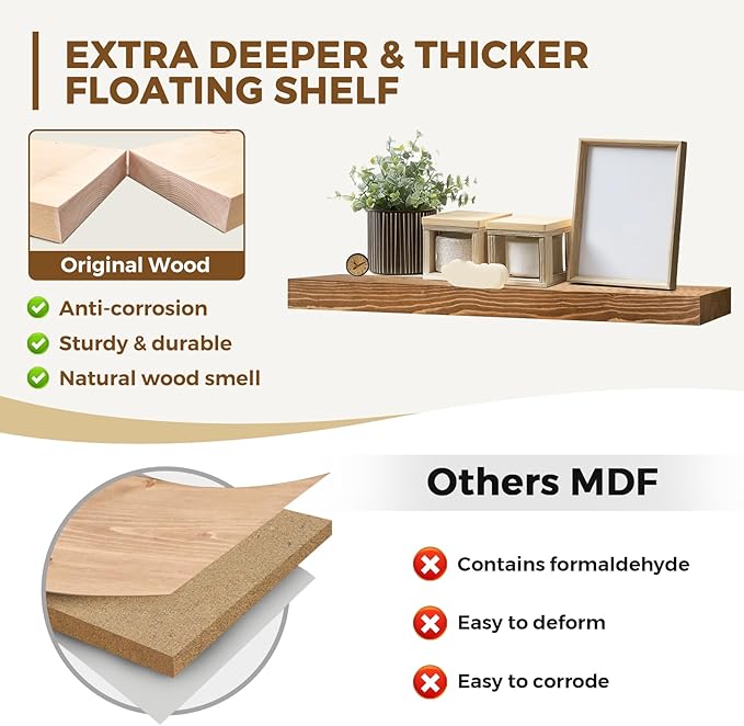 36x8x1.6 inch Floating Shelves Set of 2 – Solid Wood Rustic Oak Wall Mounted