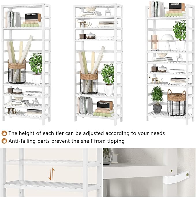 Homykic 6-Tier Bamboo Bookshelves and Bookcases, Adjustable 63.4”Tall Shallow