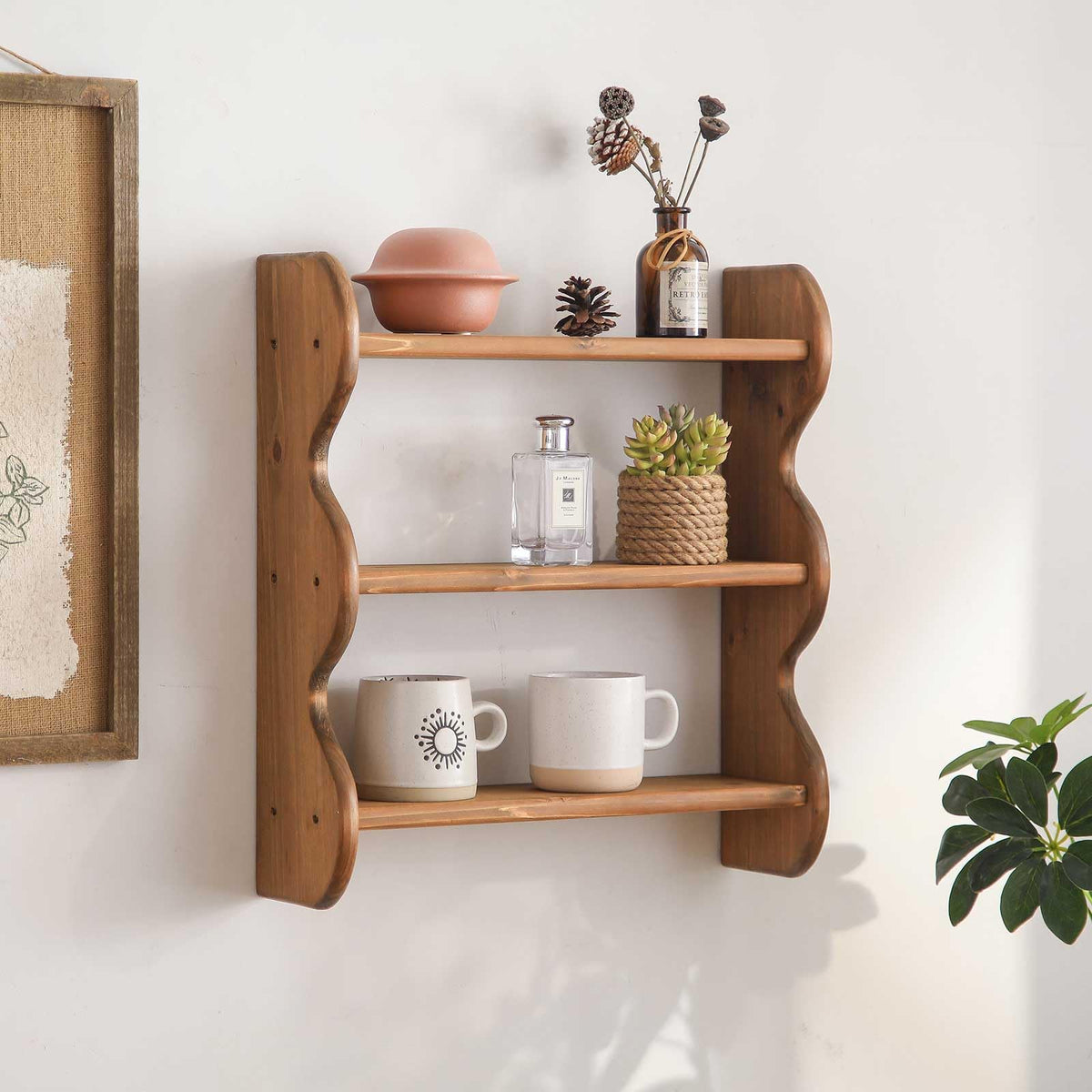 HuiDao 100% Solid Wood Wall Shelf 3-Tier, Rustic Floating Shelves Wall Mounted Storage Rack, Farmhouse Decor Hanging Shelf Display Shelves for Apartment, Living Room and Bedroom