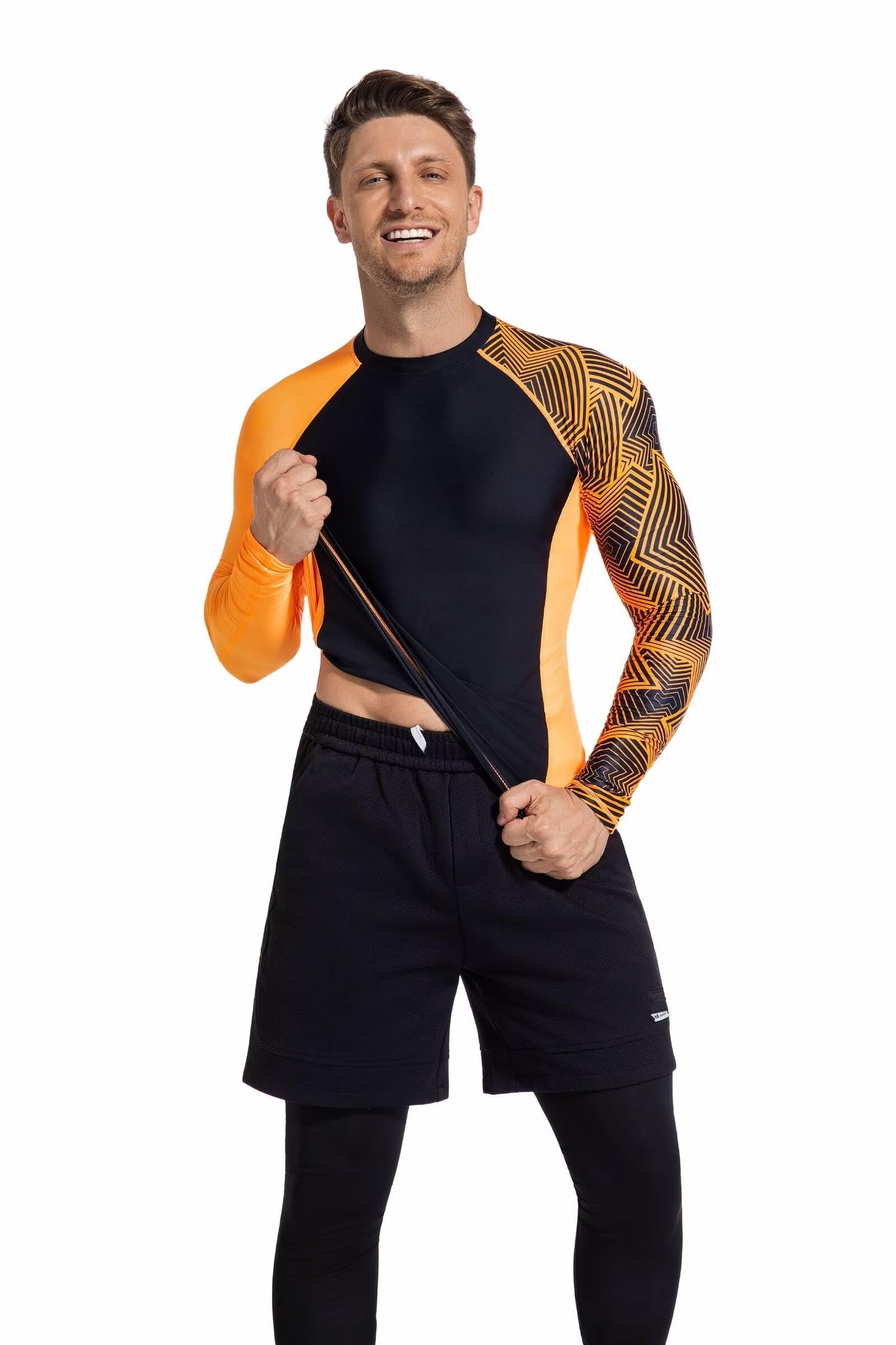 USKOY Men's Rash Guard Long Sleeve UPF 50+ Base Layer Skins Compression Shirt Performance Fit Black Orange X-Large