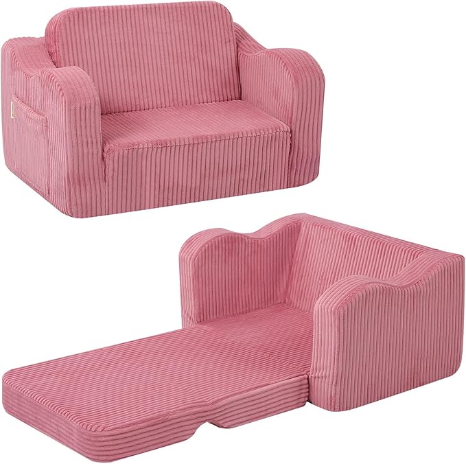 MeMoreCool Corduroy Pink Kids Chair, 2-in-1 Kids Couch Fold Out to Lounger