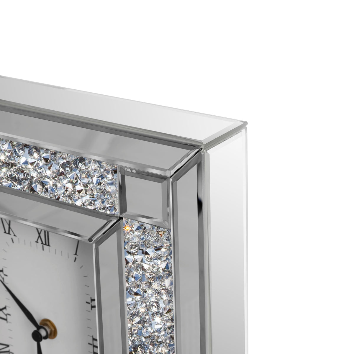 SHYFOY Mirrored Desk Clock with Crushed Diamond Inlay, 13" Decorative Table Clock, Silver Beveled Glass Mantel Clock, Non-Ticking Roman Numeral Tabletop Clock for Living Room Office Shelf Decor