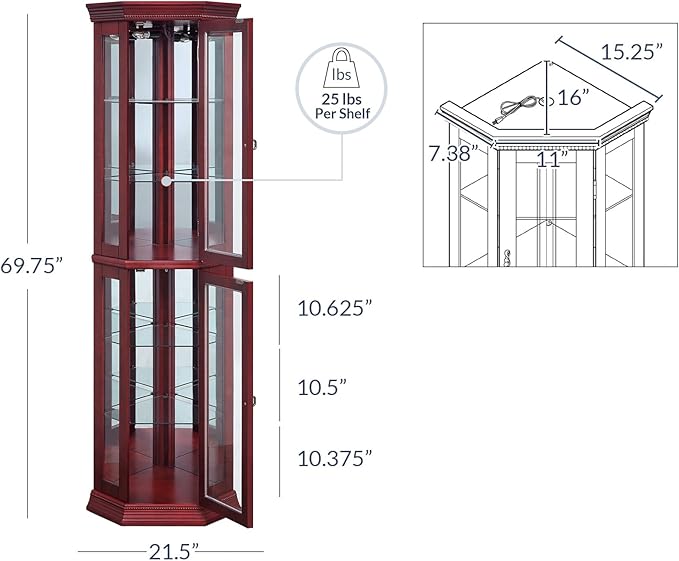 BELLEZE Lighted Wooden Corner Display Curio Cabinet, Two Section Shelving Unit