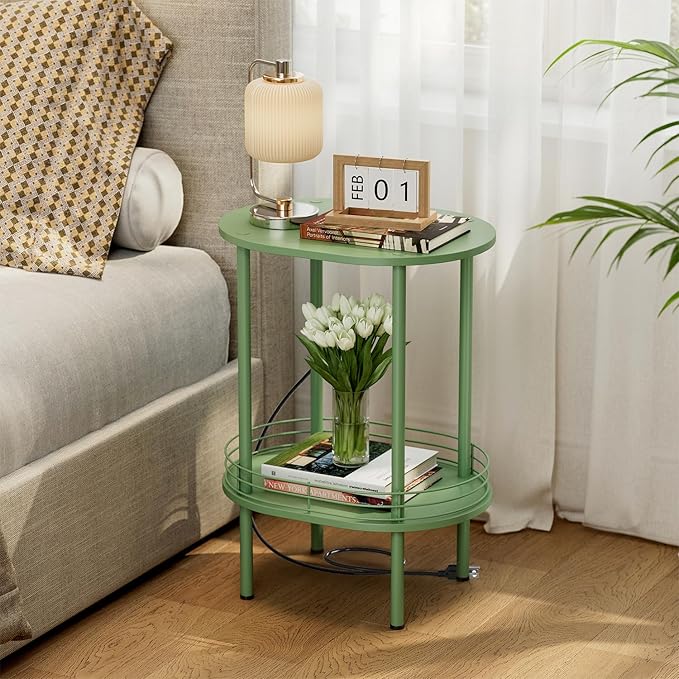 DGSANDGO Green Side Table with Charging Station, Side Tables Living Room