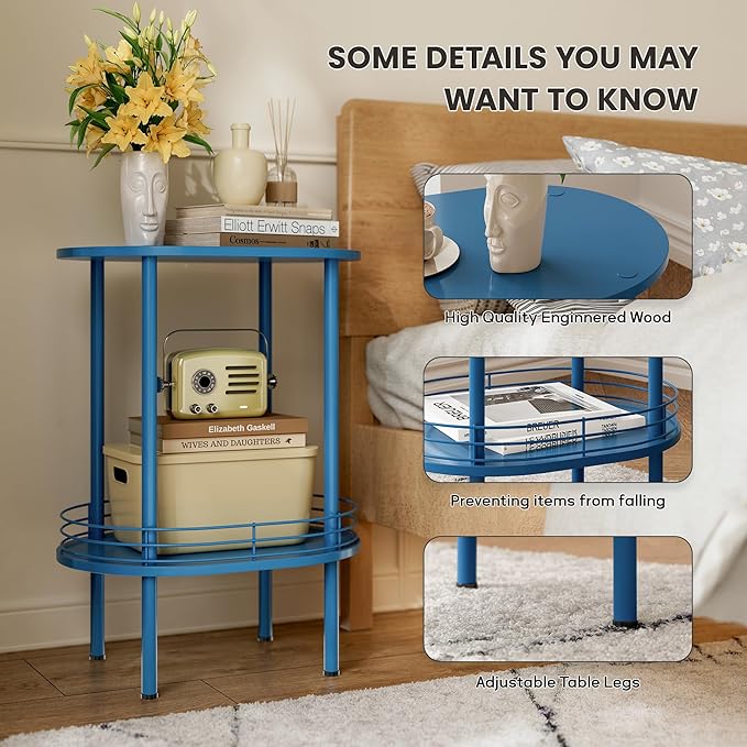 DGSANDGO Blue Oval Side Table, Side Tables Living Room, 2-Tier Nightstand