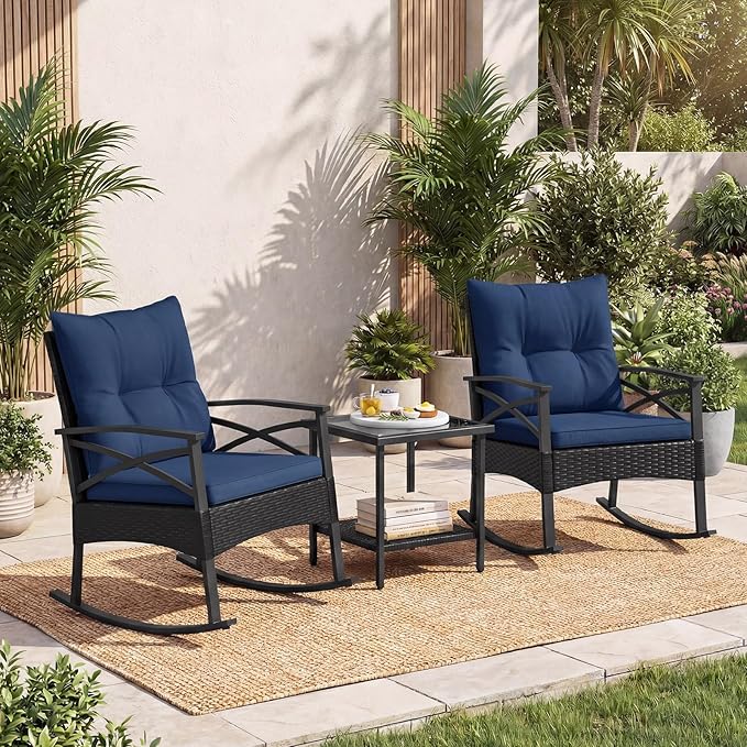 Tangkula 3 Pieces Outdoor Rocking Chairs Set, Rattan Heavy Duty Cushioned