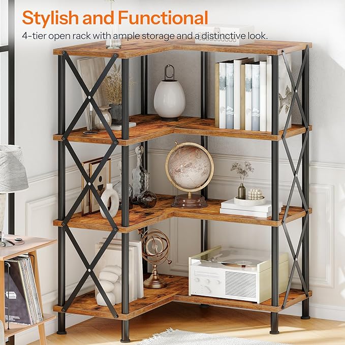 HOOBRO Corner Bookshelf, 4-Tier L-Shaped Bookcase, Industrial Open Display