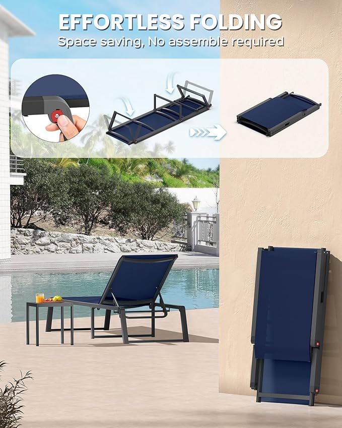Aluminum Chaise Lounge Chair Outdoor, Foldable & Assembly Free Patio Pool