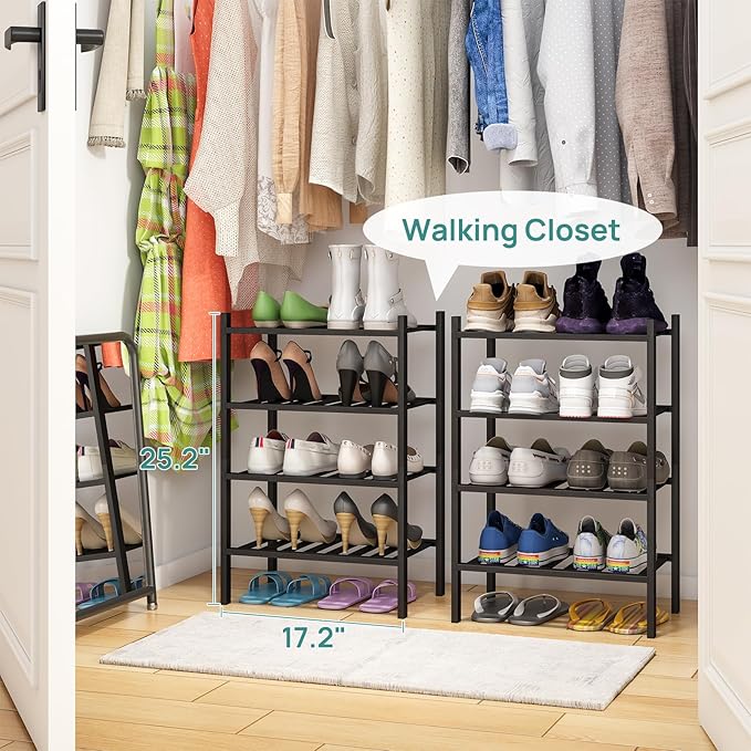 viewcare Black Small Shoe Rack for Entryway, 4-Tier Bamboo Shoe Organizer for
