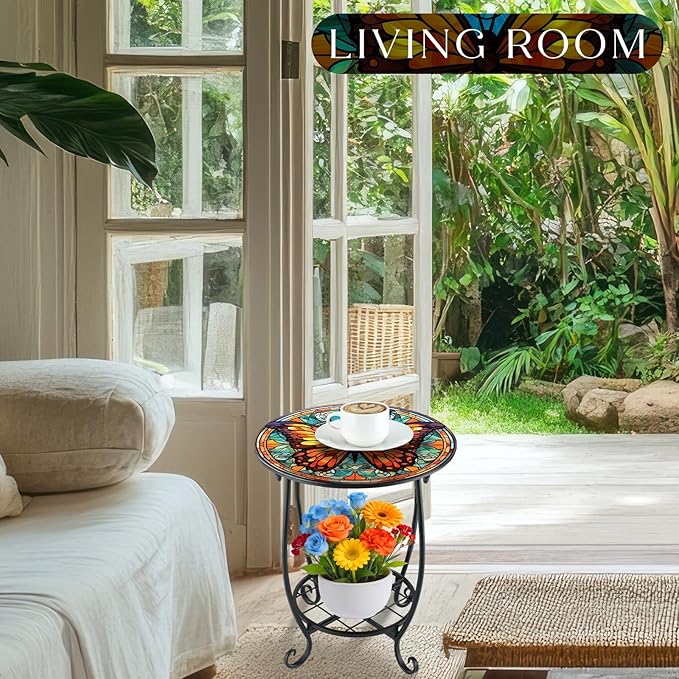 Cinnvoice Outdoor Side Table Round Small Mosaic Patio Accent Indoor End Plant