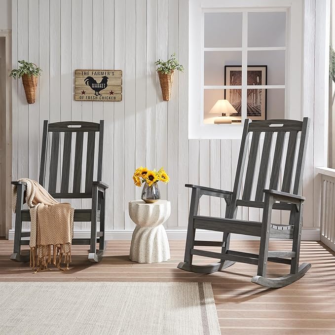 Psilvam Outdoor Rocking Chair Set of 2, Poly Lumber Oversized Rocking Chair