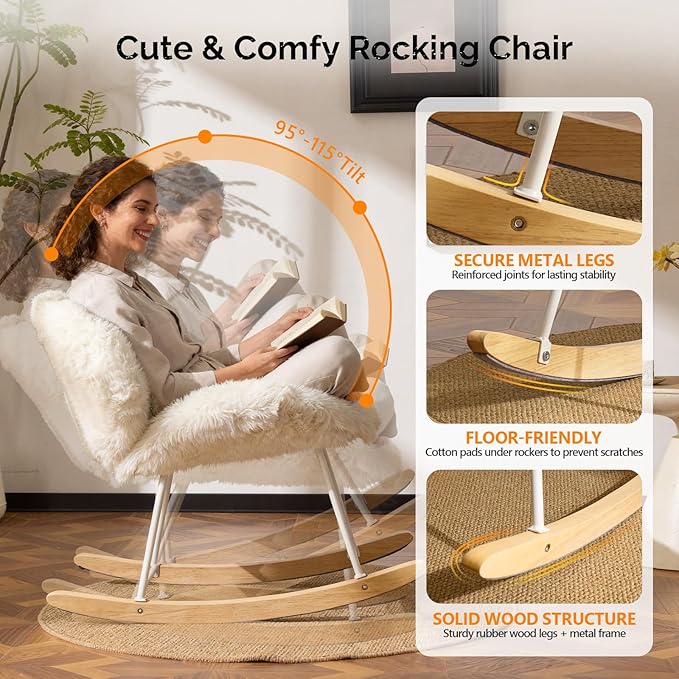 VINGLI 25.6" Extra Wide Criss Cross Nursery Rocking Chair, Cute Curved 115°