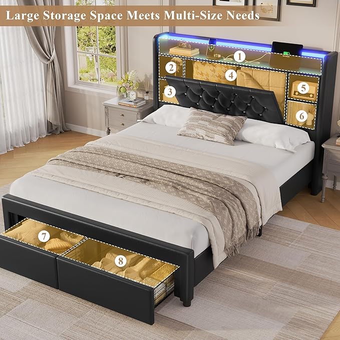 Full Bed Frame with Drawers, Hidden-Cubby & Shelves Storage Headboard with