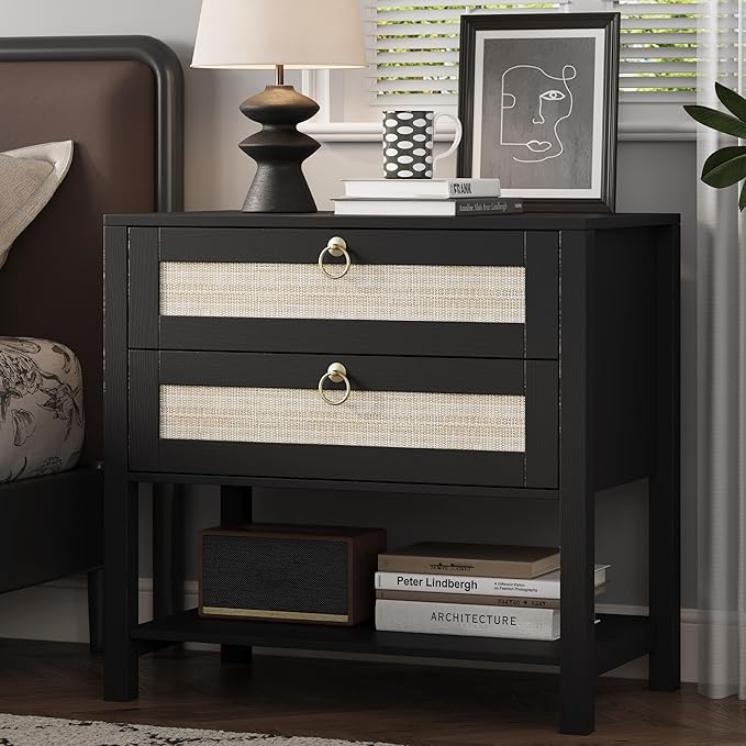 Xixini Nightstand Set of 2, Rattan Boho Bedside Table