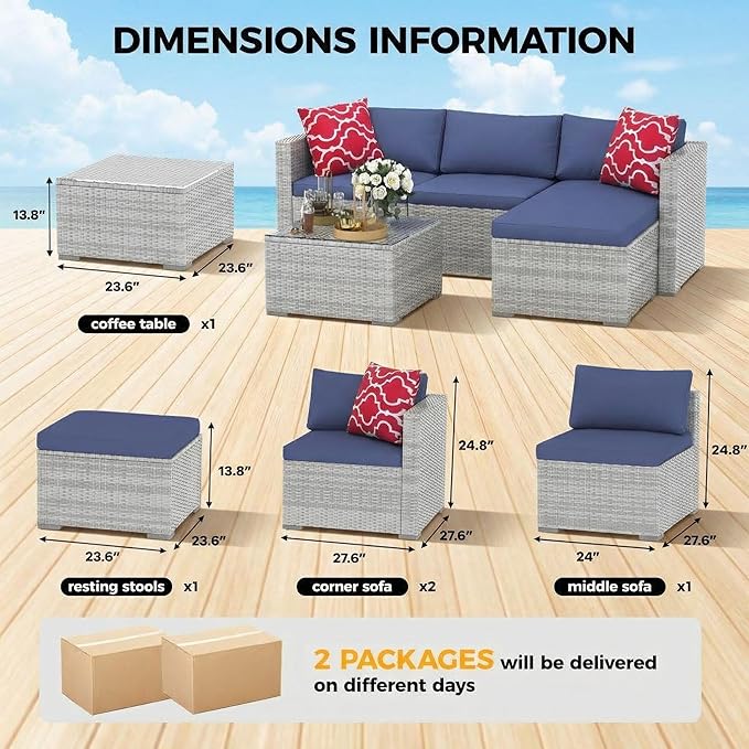 5-Piece L-Shaped Outdoor Patio Furniture Set, PE Wicker Sectional Sofa Set