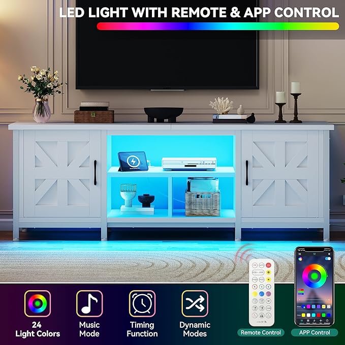 YITAHOME TV Stand with LED Lights & Charging Station, Farmhouse Entertainment