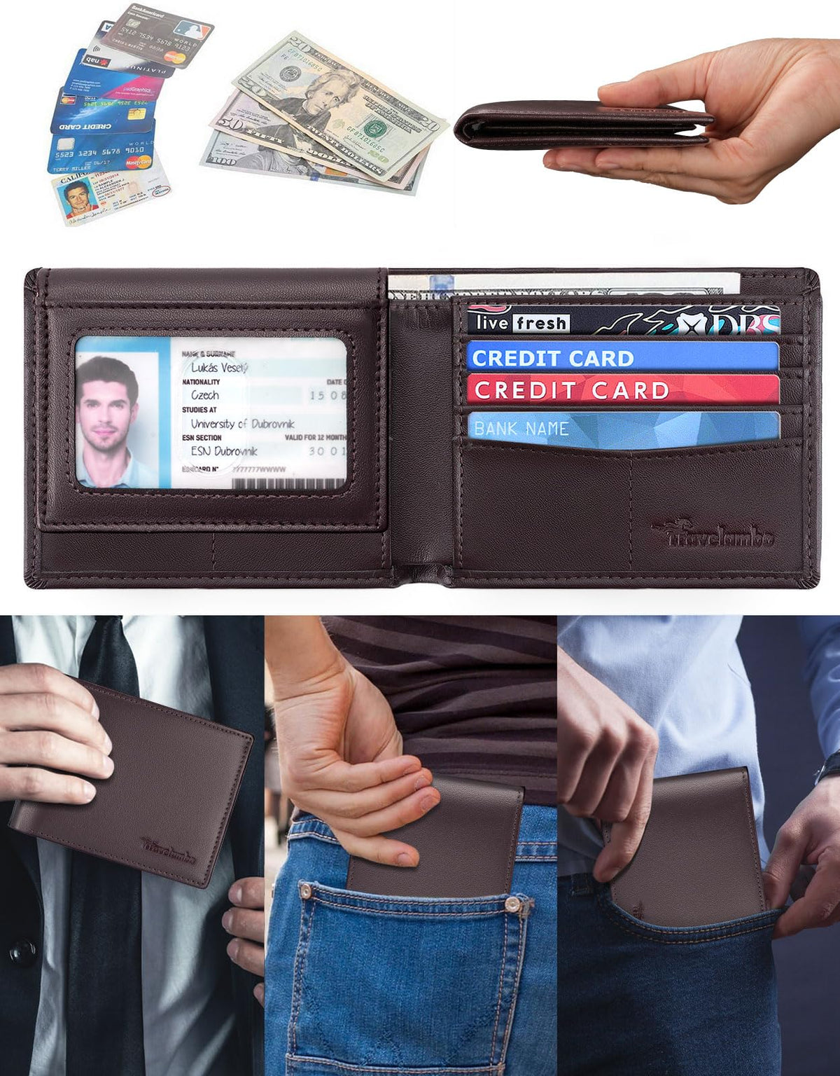 Wallet for Men, Premium Classic Mens Wallet Minimalist Slim Bifold Wallet, RFID Blocking Wallet with 10 Credit Card, 2 ID Window and 2 Cash Slots, Leather Compact Wallet, Front Pocket Card Holder