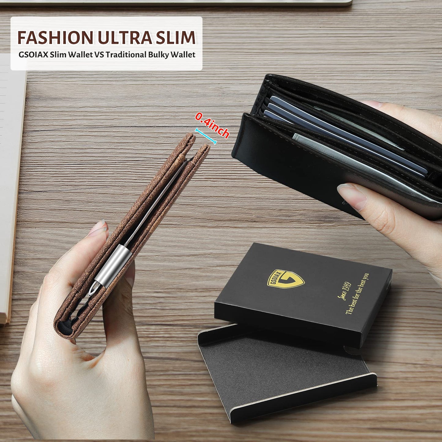 GSOIAX Slim Leather RFID Bifold Wallet for Men Minimalist Front Pocket Wallet with Money Clip,12 Card Slots,ID Window,Cool Groove Design,Includes Gift Box(Retro Brown)