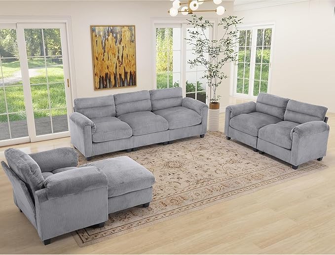HAOMARKETS Corduroy 4-Piece Sofa Set, Upholstered Ottoman Set of 2, Accent