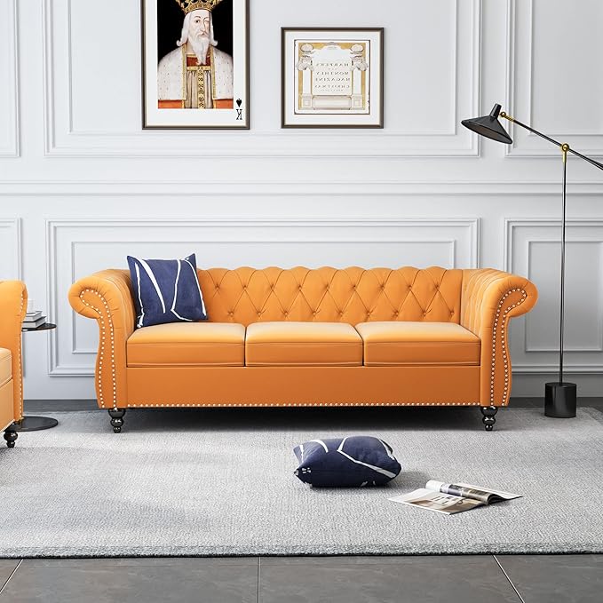 ORRD 3 Piece Living Room Set, Velvet Chesterfield Sofa Loveseat Couch Chair