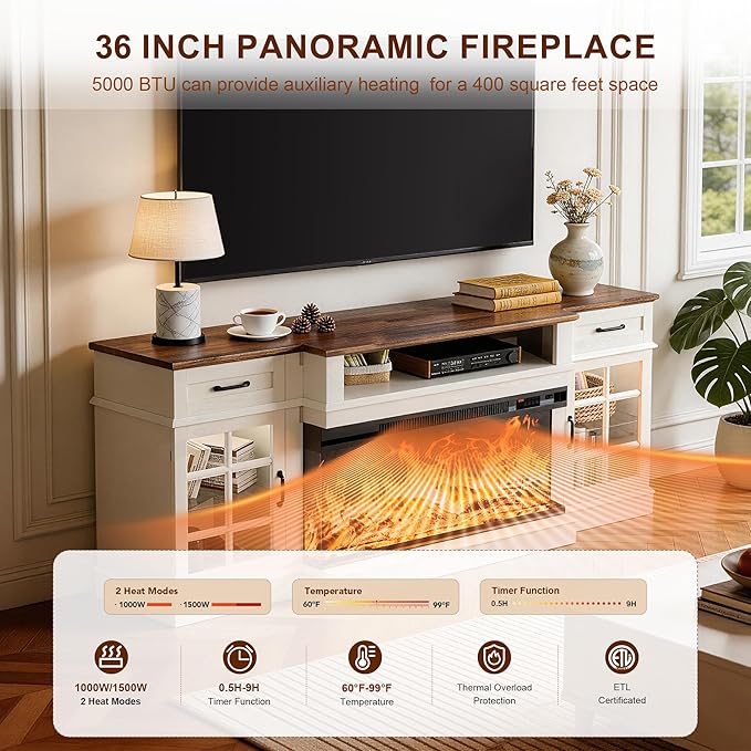 MXV 70" Fireplace TV Stand, 3-Sided Glass Fireplace and Modern Entertainment