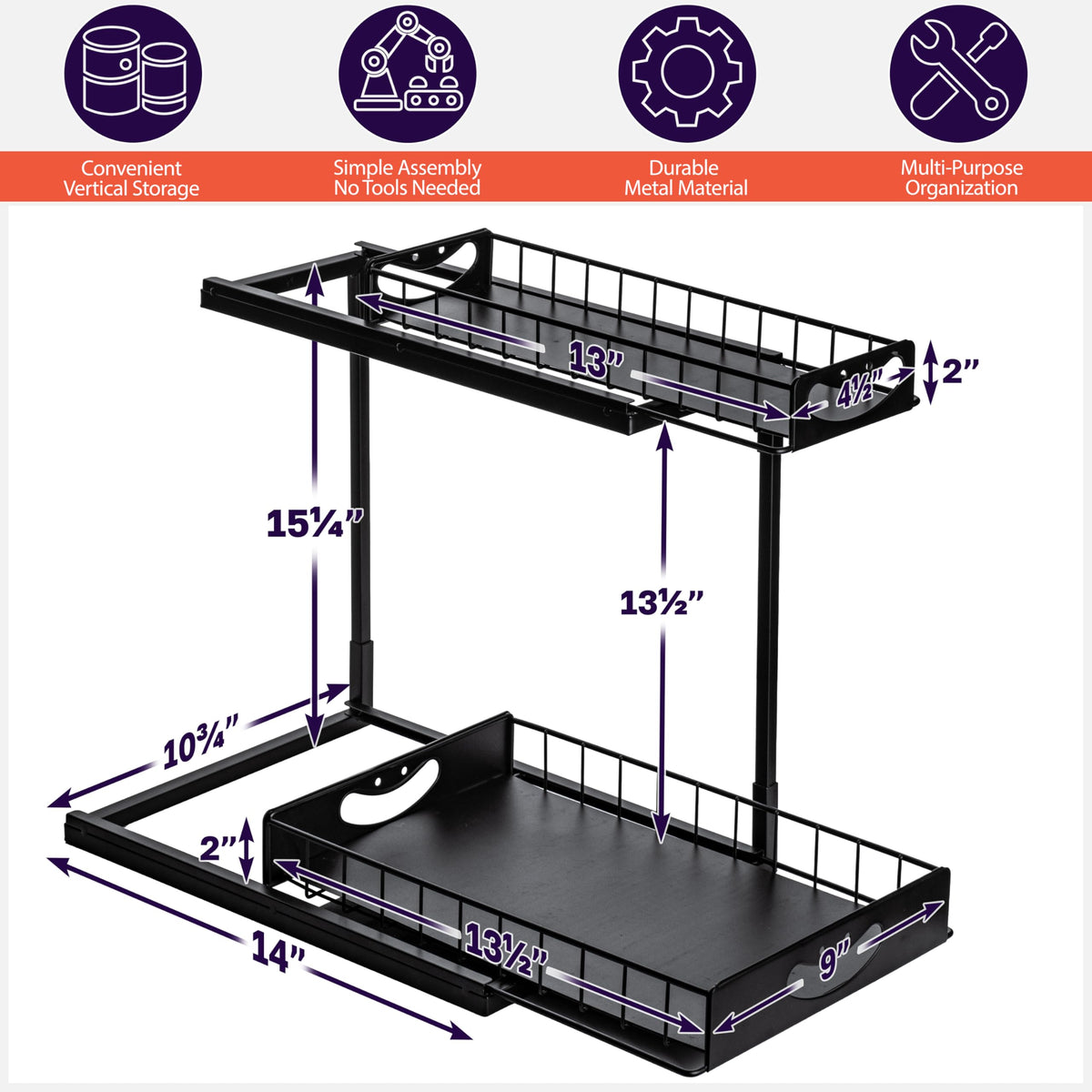 ClearSpace Under Sink Organizer, Pull Out Cabinet Organizer, 2 Pack - 2 Tier Slide Out Organizers and Storage Shelf - Metal Sliding Drawer for Kitchen Bathroom Pantry Cabinet Organization Rack, Black
