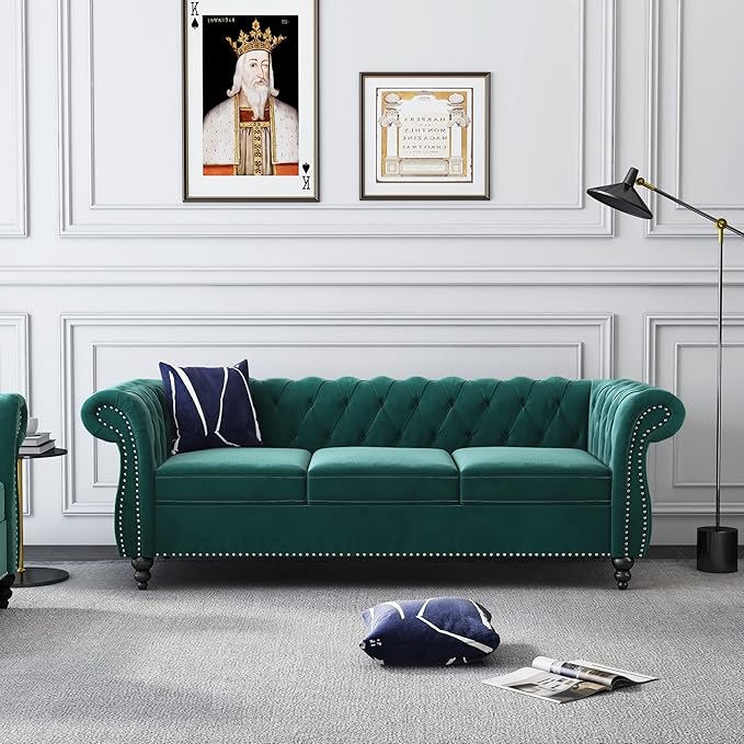 3 Piece Living Room Set, Velvet Chesterfield Sofa Loveseat Couch Chair