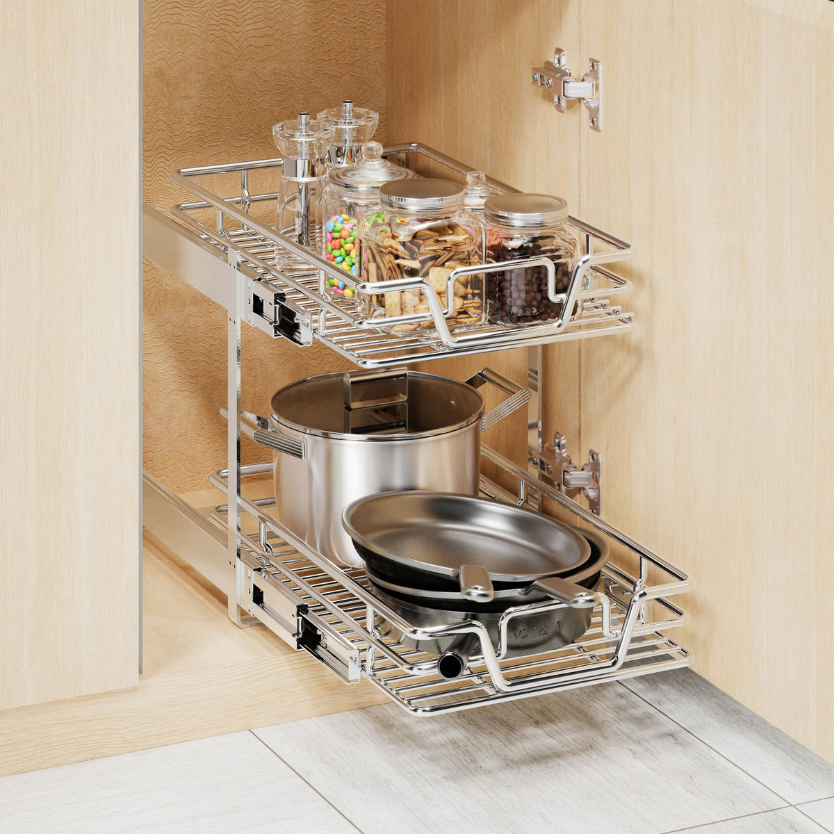 QUYUWU 2-Tier Kitchen Cabinet,Pull Out Cabinet Organizer,Shelf and Drawer Organizer Slide Out Pantry Storaqe Basket in Multiple Sizes (12" W x21 D)