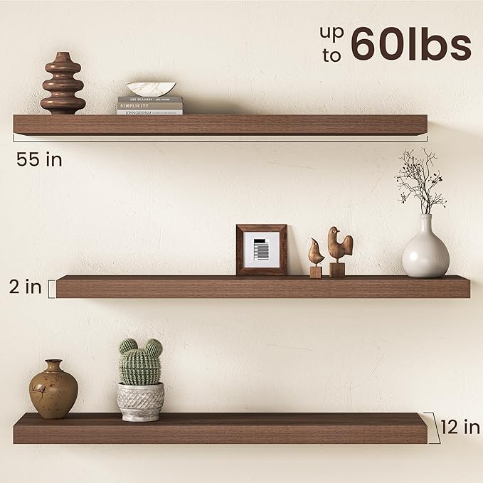 Walnut Floating Shelves 55Inch Long, 12 Inch Deep Floating Shelves
