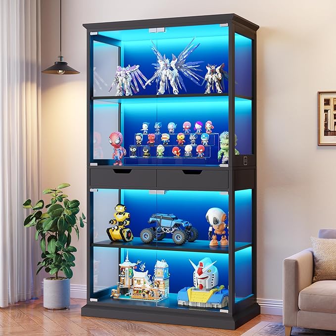 Jocoevol Display Cabinet with 4 Glass Doors, 4-Tier Modern Glass Display Case