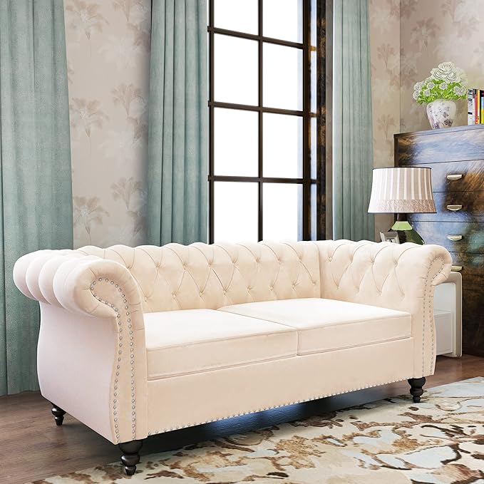 ORRD 2 Piece Living Room Set, Velvet Chesterfield Sofa Loveseat Couch Chair