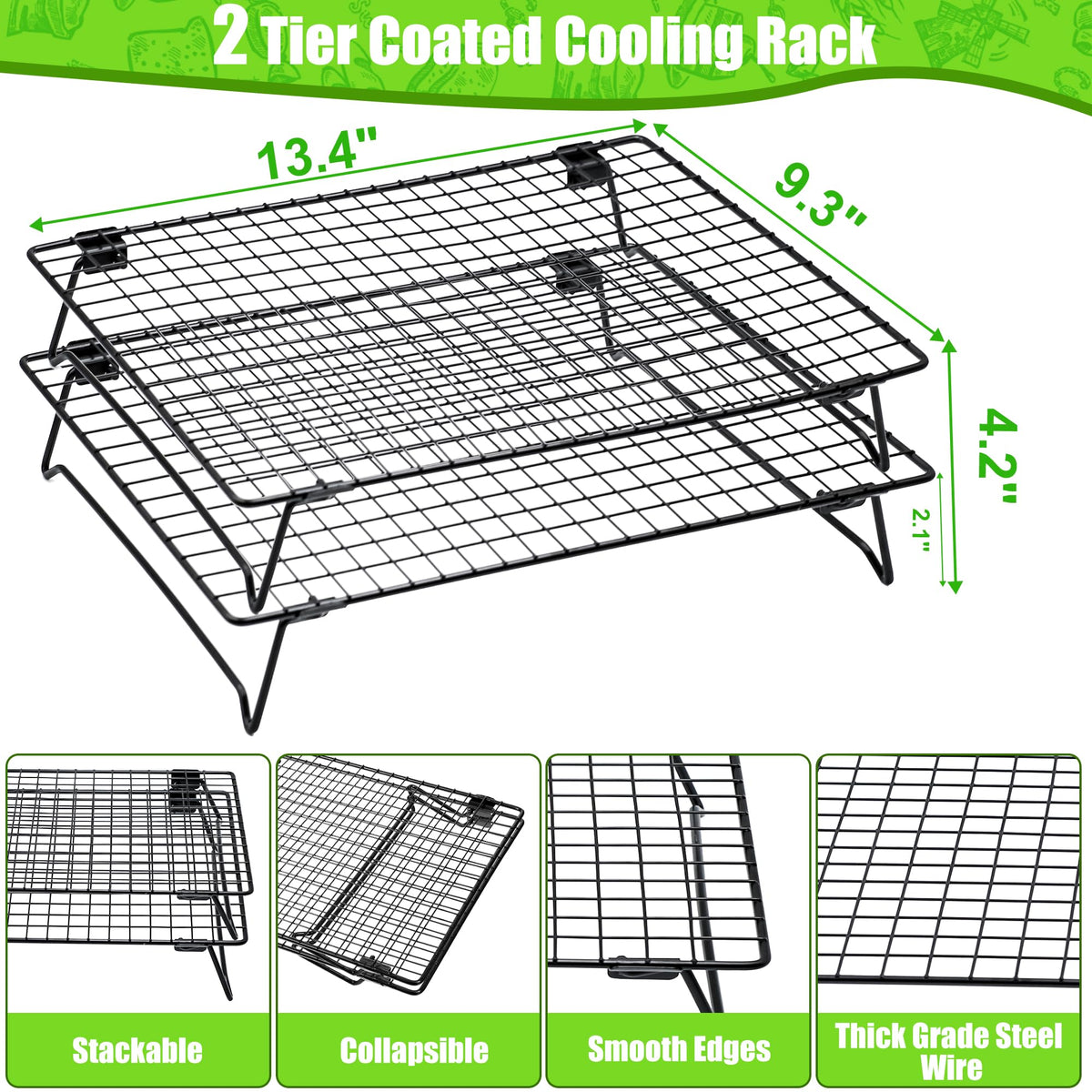 Stackable Cooling Rack for Cooking and Baking, 2 Pack Wire Cooling Rack with Collapsible Legs for Cooling Cookie, Cake, Pizza, Roasting, Grilling, Drying(13.4"*9.3")