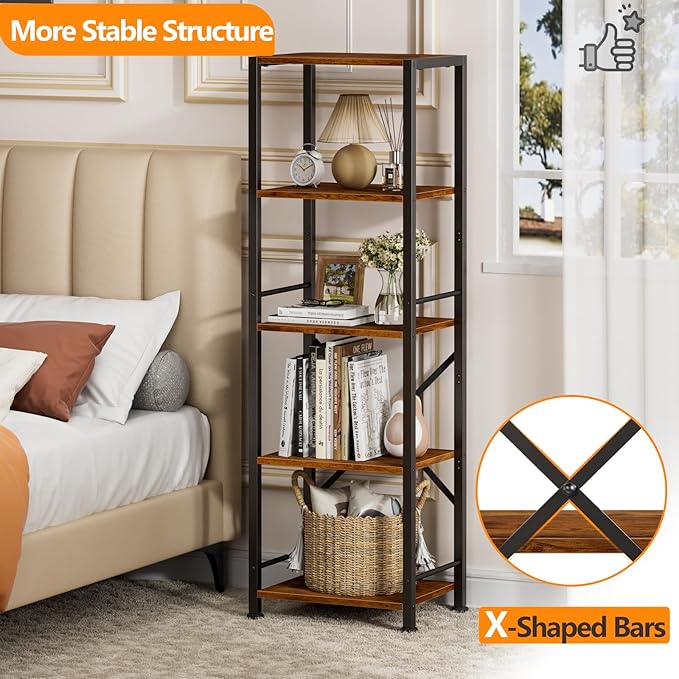 Furologee 5 Tier Tall Bookshelf, Rustic Narrow Bookcase, Display Standing Shelf