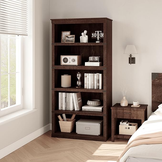 GarveeHome 5 Tier Farmhouse Bookcase, 67.4" Tall Book Shelf