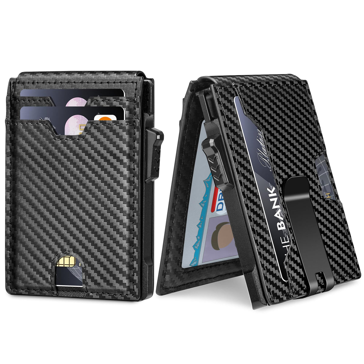 Vandz Minimalist Wallet for Men,Slim RFID Blocking Bifold Wallet Credit Card Holder Aluminum Pop-Up Card Case with Money Clip (Carbon Fiber Black)