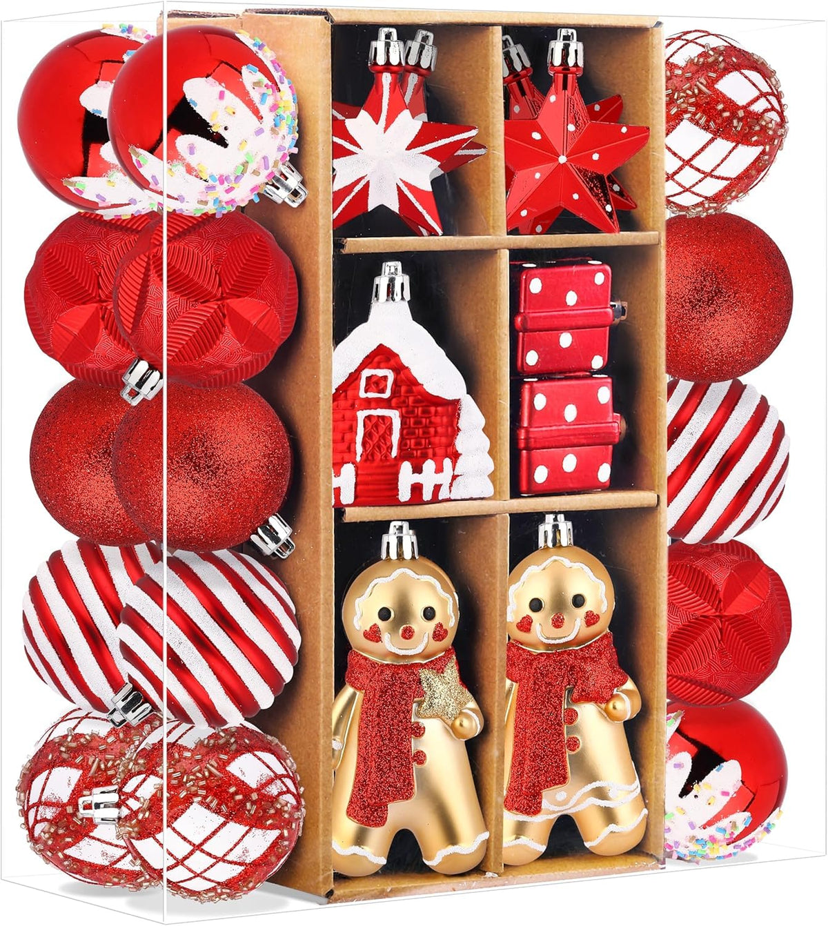 SHareconn 65pcs Christmas Tree Ornaments Set, Shatterproof Christmas Gingerbread Man Balls Bulk Gift Boxes, Hanging Plastic Decorative Baubles for Xmas Trees Decorations, Holiday Party, Red White
