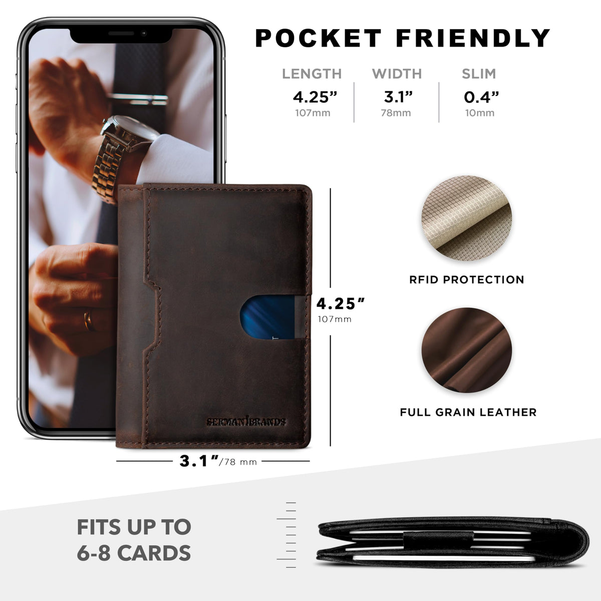 SERMAN BRANDS RFID Blocking Wallets for Men Slim Mens Leather Minimalist Card Front Pocket Bifold Travel Thin (NEW Texas Brown 5.S)