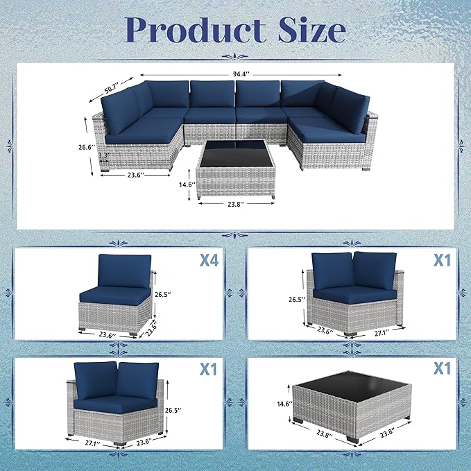 KIGOTY Patio Furniture Set, 7 Pieces Modular Outdoor Sectional Sofa, PE Rattan