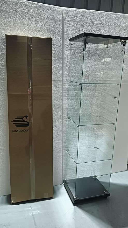 FANYUSHOW Display Cabinet with Glass Door and LED Light, 4-Tier Tempered Glass
