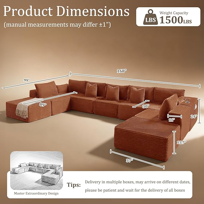 168" Cloud Sectional Couch, Comfort U Shaped Sofa