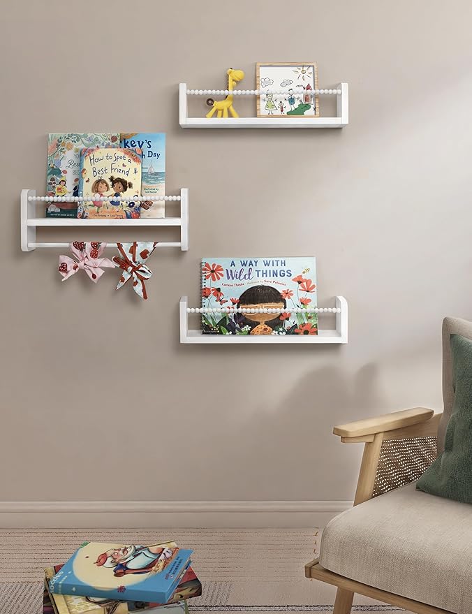 Maxpeuvon Nursery Bookshelves Set of 3, Natural Wood Nursery Floating Shelves