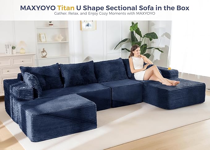 MAXYOYO 132" Giant U-Shaped Modular Sectional Couch, Modern Boneless Couch