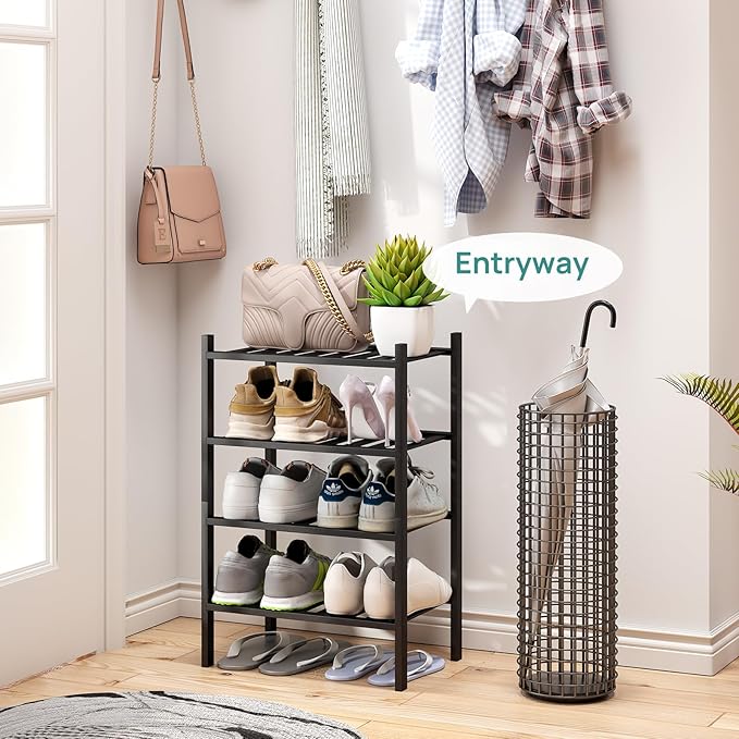 viewcare Black Small Shoe Rack for Entryway, 4-Tier Bamboo Shoe Organizer for