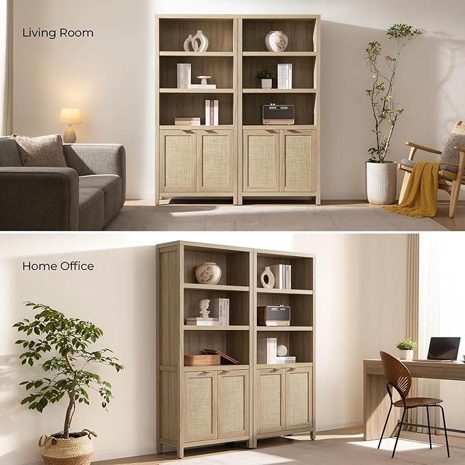 SICOTAS Bookcase 71" Tall Bookshelf 5 Tier Rattan Boho Bookcase