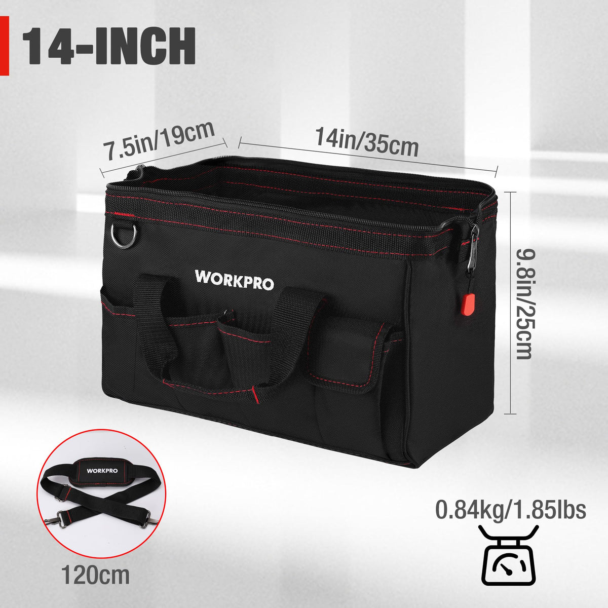 WORKPRO 14-inch Tool Bag, Multi-pocket Tool Organizer with Adjustable Shoulder Strap, W081021A , black