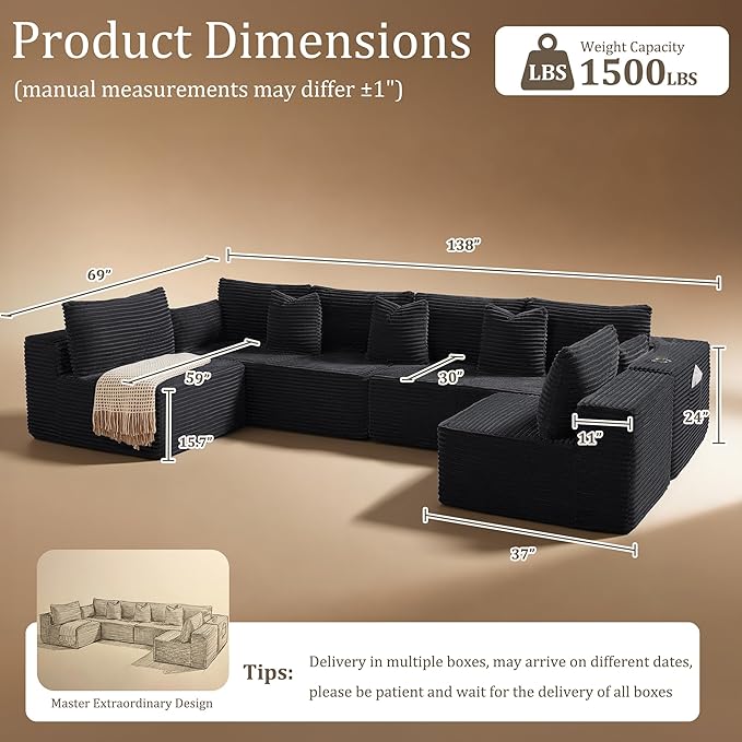 138" Cloud Sectional Couch, Comfort U Shaped Sofa