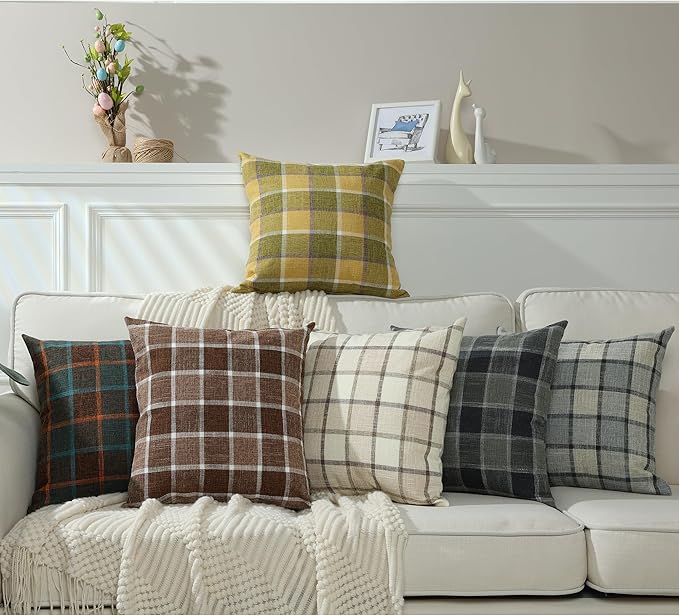 Stellhome Pack of 2 Linen Buffalo Check Throw Pillow Covers, Farmhouse Plaid