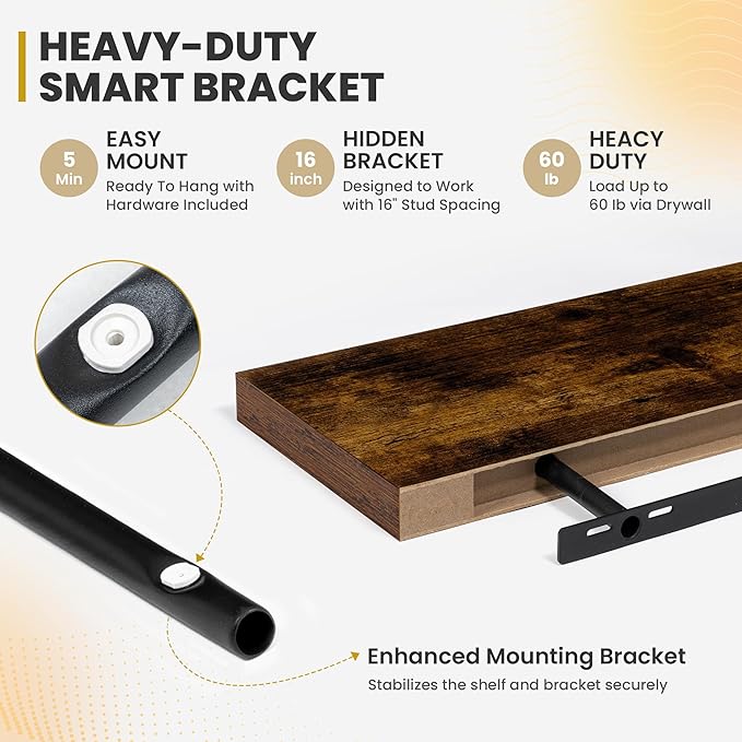 Acovy 72 Inch Floating Shelves, 9.3" Deep Floating Shelf Wall Mounted, Rustic